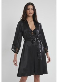 Resim Pierre Cardin 4075 Saten Gecelik Sabahlık Takım - Siyah Siyah 