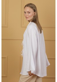 Resim Doğal Viskon Kumaş Cepli Bağcıklı Kadın Kimono 1167 Hafif, Dökümlü, Akışkan, Yazlık Model Beyaz 