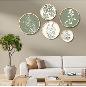 Resim Yuvarlak Ahşap Yeşil Ve Beyaz Minimalist Bitkiler Tablo Seti 