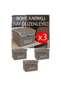 Resim 3 Adet Bohe Çok Amaçlı Kapaklı Kutu, Dolap Raf Düzenleyici, Dekoratif Saklama Kutusu 30x30x23 Cm Gri-beyaz 