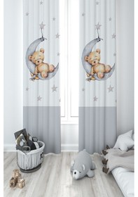 Resim Mekta Home Bebek Ve Çocuk Odası Ayda Uyuyan Sevimli Ayı Desenli 2 Kanat Fon Perde 