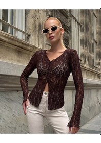 Resim Mamayaga Kadın V Yaka Full Esnek Dantel Bürümcük Spor Şık Tasarım Asimetrik Kesim Gece Bluzu Kahverengi 