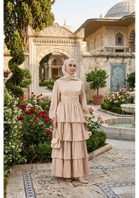 Resim Kat Detaylı Beli Kemerli Alina Tesettür Abiye-bej-5746 