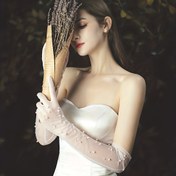 Resim Elegant Gelin Elbiseleri ile El Yapımı İnciler - Nefes Alabilen Uzun Mesh Eldivenler Düğünler, Partiler ve Resmi Etkinlikler için, Delikli Nakışlı Beyaz, Tam El Kapsamı, Düğün Aksesuarları | Zarif Düğün Kıyafeti | Dokuma Tekstür 