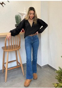 Resim Ge Ticaret Kadın Uzun Kollu V Dantel Yaka Şardonsuz Üç Iplik Bluz Siyah 