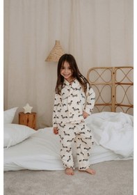 Resim Köpek Baskılı Yaka Detaylı Çocuk Pijama Takımı Krem 