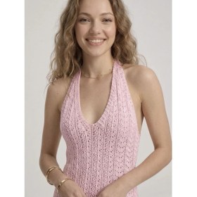 Resim Neden Tekstil Kadın Ajurlu Halter Yaka Yırtmaçlı Uzun Beachwear Elbise - Plaj Elbisesi 