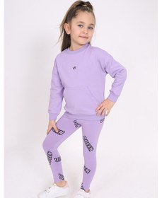 Resim Toontoy Kız Çocuk 2'li Takım Baskılı Bisiklet Yaka Düşük Omuz Cepli Sweatshirt & Basic Düz Tayt Lila 