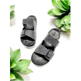 Resim Tokalı Ve Cırtlı Ayarlanabilir Süet Deri Ev Ve Dışarı Terliği Füme 