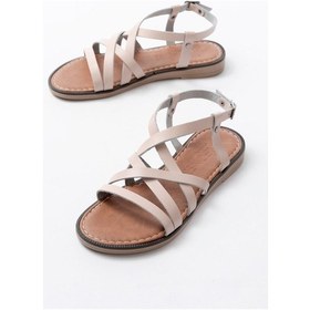 Resim 205-017 Bej Ortopedik Hakiki Deri Kadın Sandalet Altın - Taba 