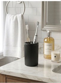 Resim 5 Li Lüx Banyo Aksesuar Seti Kapaklı Çöp Kovası, Sabunluk, Diş Fırçalık, Dekoratif Yuvarlak Siyah 