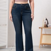 Resim Kadınlar için Fermuar Düğme Kapama Kot Pantolon, Mavi Renkli Bootcut Kesim Büyük Beden Rahat Tarz Kot Pantolon & Giyim 