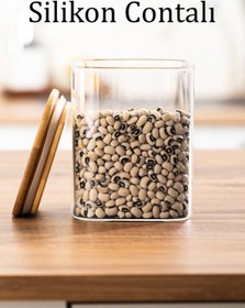 Resim Porsima 5-3 Bambu Vakumlu Kapaklı Kare Borsilikat Cam 9lu Kavanoz Seti Saklama Kabı 750ml 7,5x15cm Ahşap - Şeffaf 