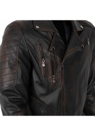 Resim By Motto Vintage Erkek Motorcu Hakiki Deri Ceket Haki 
