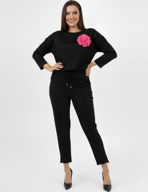 Resim Kadın Büyük Beden Truvakar Kol Çiçek Detaylı İki İplik Eşofman Takımı 8224-26 - XXL / Pembe 