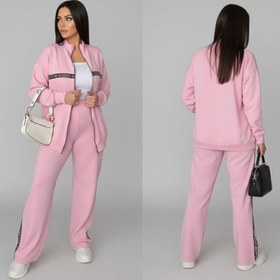 Resim Kadın Büyük Beden Polo Yaka Fermuarlı Şeritli Eşofman Takımı 8213-26 - 3XL / Şeker Pembe 