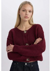 Resim Defacto Relax Fit Bisiklet Yaka Düğmeli Örgü Desenli Triko Hırka E1962AX24WNBR43 Bordo 