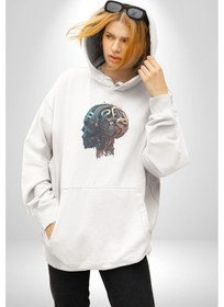 Resim Robot Kafası Kız Kadın Erkek Beyaz Kapüşonlu Sweatshirt Hoodie Beyaz 
