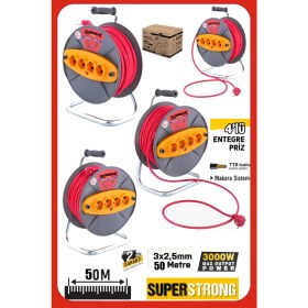 Resim Stilmax Metal Ayaklı Makaralı Uzatma Kablosu 3x2.5 mm 50 Metre 4 Prizli Seyyar Uzatma Kablosu Atölye Ev Tip 