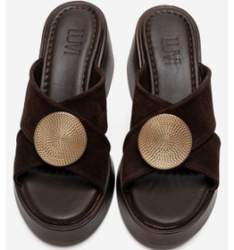Resim Luvishoes Fıanna Kahverengi Süet Hakiki Deri Tokalı Çapraz Bantlı Kadın Dolgu Topuklu Terlik 
