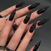 Resim 24 adet Siyah 3D Badem Basın Çekme Tırnak - Ekstra Uzun Yılan Stiletto Parlak Tam Kapak Yaz Tırnakları, Sanatsal Tasarım, Zarif Yüksek Kaliteli Yapay Tırnaklar Kadınlar İçin, Çok Yönlü Tırnak Stili, Şık Tırnak Tasarımı, Dayanıklı Tırnak Malzemesi 