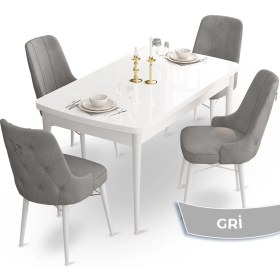 Resim Canisa Concept Taç Serisi 80 x 132 cm Açılabilir Beyaz Mutfak Masa Takımı 4 Sandalye Gümüş Halkalı 