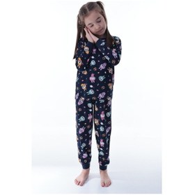 Resim Unisex Çocuk Baskılı Pamuklu Pijama Takımı Rahat, Nefes Alan, Yumuşak Kumaşlı Uyku Takımı Lacivert 