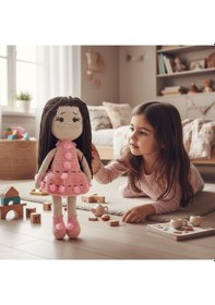 Resim Tığ İşi Sevimli Kız Bebek Amigurumi Örgü Oyuncak Krem - Pembe 