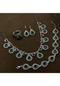 Resim Damla Model Zümrüt Taşlı Gümüş Oksitli Telkari Kadın Set 