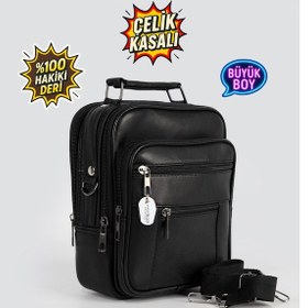 Resim Westbag Erkek Siyah Çelik Kasalı Hakiki Deri El Ve Omuz Çantası Ayarlanabilir Askılı Büyük Boy 