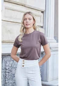 Resim Jument Kadın Sıfır Yaka Kırışmaz Span Karışımlı Şık Kısa Kol Likralı T-shirt Bluz-kahve Kahve 
