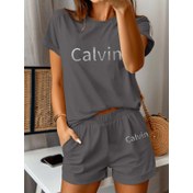 Resim Avrupa ve Amerika Yaz Modası Kadınlar için Calvin Metin Desen Baskılı Rahat T-Shirt ve Şort 2 Parça Set 