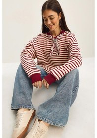 Resim Shade Kadın Fular Detaylı Leopar Nakışlı Çizgili Üç İplik Şardonlu Oversize Sweatshirt 6973 60283818 - Ekru-bordo Çok Renkli 