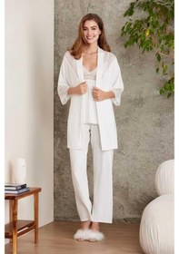 Resim Pierre Cardin 2820 Kadın Ekru Dantelli Penye 3'lü Sabahlıklı Pijama Takım Ekru 