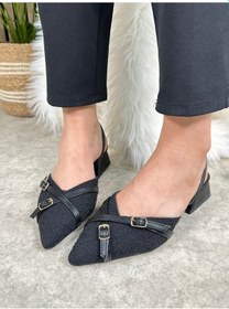 Resim Günlük Kadın Abiye Kalın Kısa Topuklu Renkli Çift Şerit Örme Hasır Ayarlanabilir Tokalı Ayakkabı 457 Siyah 