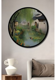 Resim Sulu Boya Görünüm Geleneksel Çin Köyü Manzarası Ahşap Tablo Yuvarlak Duvar Tablosu Çerçeve Görünüm 2-48708 - 50 X 50 
