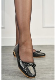 Resim Günlük Kadın Babet Oval Burunlu Fiyonklu Rahat Kalıp Tırtıklı Taban Balerin Ayakkabı 112 Siyah Rugan Krokodil 