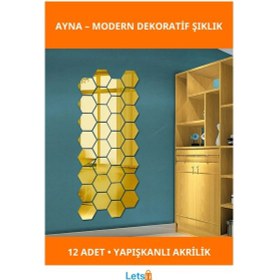 Resim Yapışkanlı Akrilik Gold Altıgen Ayna 12 Adet Dekoratif 1 Adet 
