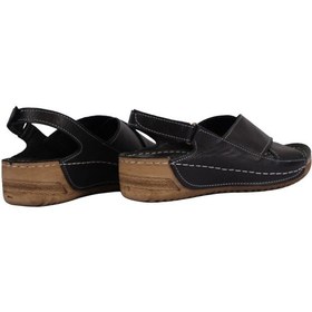 Resim Hakiki Deri Çapraz Bantlı Arkadan Ayarlı Rahat Taban Dolgu Topuk Kadın Sandalet Napa-311 Siyah 