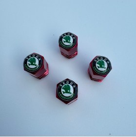 Resim Aksefuar Lazer Skoda Logolu Alüminyum Altıgen Kırmızı Sibop Kapağı 
