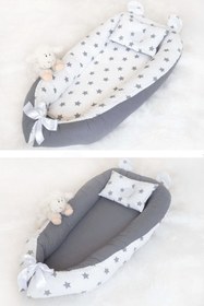 Resim Bebek Yatak Ve Ortopedik Yastik Gri zemin ve gri yıldızlı 