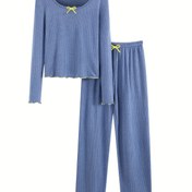 Resim İlkbahar/Sonbahar Kadın Yumuşak Fırçalanmış İpeksi Fiber Kumaş Fiyonklu Pijama Takımı, Günlük Stil, Uzun Kollu, Uzun Boy, Düz Renk, Bisiklet Yaka, Ribanalı Şerit, Günlük Giyim, |Günlük Pijama Takımı|Yumuşak Fırçalanmış Kumaş, Kadınlar İçin Pijamalar, Kadınlar İçin Uyku Giyim 