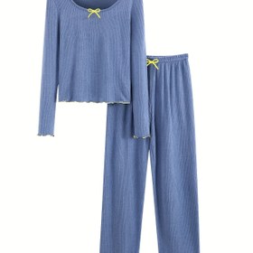 Resim İlkbahar/Sonbahar Kadın Yumuşak Fırçalanmış İpeksi Fiber Kumaş Fiyonklu Pijama Takımı, Günlük Stil, Uzun Kollu, Uzun Boy, Düz Renk, Bisiklet Yaka, Ribanalı Şerit, Günlük Giyim, |Günlük Pijama Takımı|Yumuşak Fırçalanmış Kumaş, Kadınlar İçin Pijamalar, Kadınlar İçin Uyku Giyim 