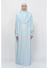Resim Altobeh Pratik Tek Parça Güneş Desenli Kollu Tak Çıkar Başörtülü Likralı Tesettür Namaz Elbisesi 990-0302 Mavi Antrasit 