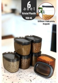 Resim 900 Ml Gerçek Vakumlu Silikon Kapaklı Kristal Erzak Bakliyat Saklama Kabı Seti Baharatlık 6 Antrasit 