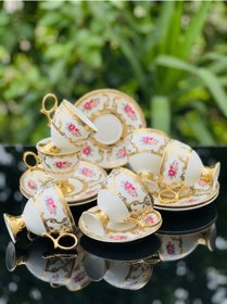 Resim 6 Kişilik 24k Altın Yaldızlı Porselen Lüx Kahve Fincanı Takımı Çiçek Desenli Altın 