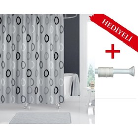 Resim Tropikhome Polyester Kumaş Geometrik Desen Gri Banyo Perdesi Askı Aparatı Hediyeli C-halkalı Duş Perdesi 