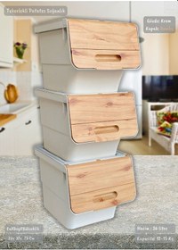 Resim 3'lü Bambu Tekerlekli Sebzelik Patates Soğan Sepeti Şık Organizer Patateslik Soğanlık Kutu 36 L Bambu-krem 