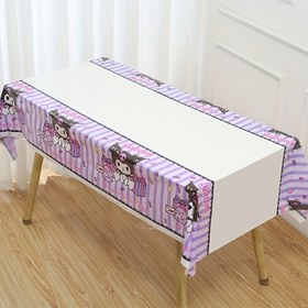 Resim 1 Adet Sanrio Kuromi Temalı Tek Kullanımlık Masa Örtüsü - Mor ve Beyaz Çizgili Desenli Eğlenceli Karakter İllüstrasyonları ile Doğum Günü Partileri, Düğünler, Mezuniyetler ve Kutlamalar için Makine Yapımı Plastik Dekor 