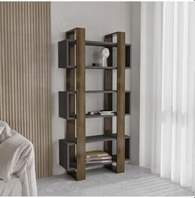 Resim Milano Kitaplık, İstanbul Ceviz/Antrasit, Raflı Kitaplık, Kütüphane, Çalışma Odası, Ev-Ofis 